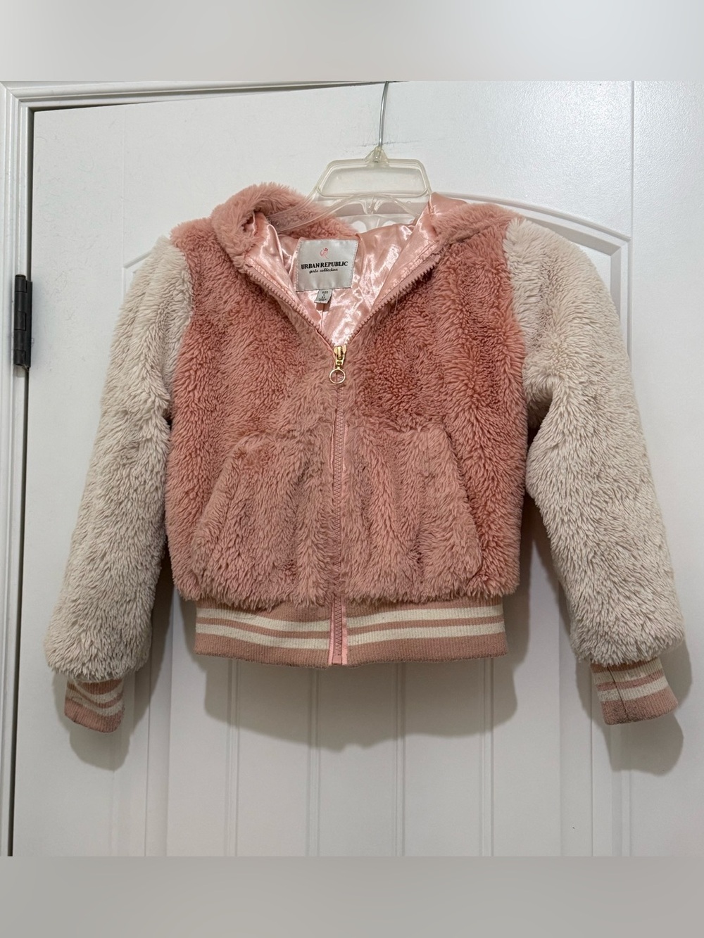 Urban Republic Pink Cream Faux Fur Hooded Varsity Jacket Coat - Kids Girls 6X